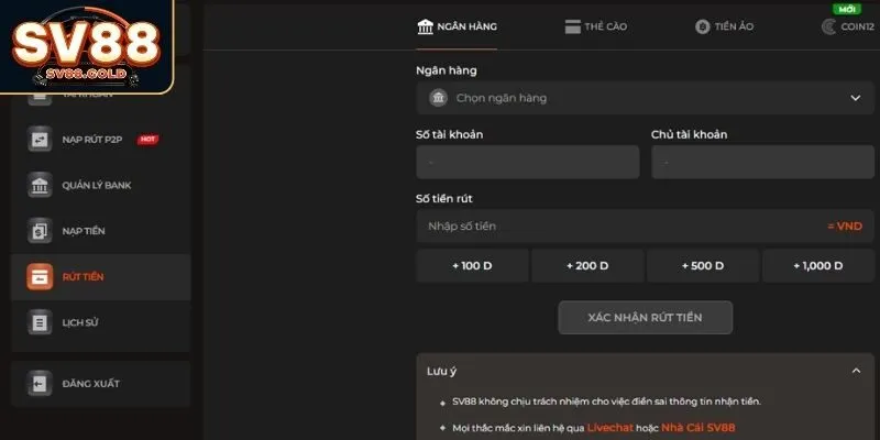 Quy trình nạp rút tiền từ tài khoản SV88